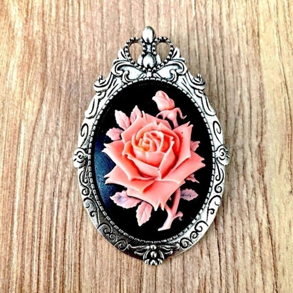 Victorian Style Black and Pink Rose Cameo Pendant Brooch, NWT
